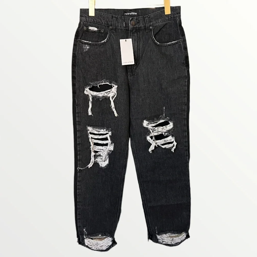 Retrofete Maggie Black Distressed Straight Leg‎ Denim Jeans Sz 27 90s Grunge